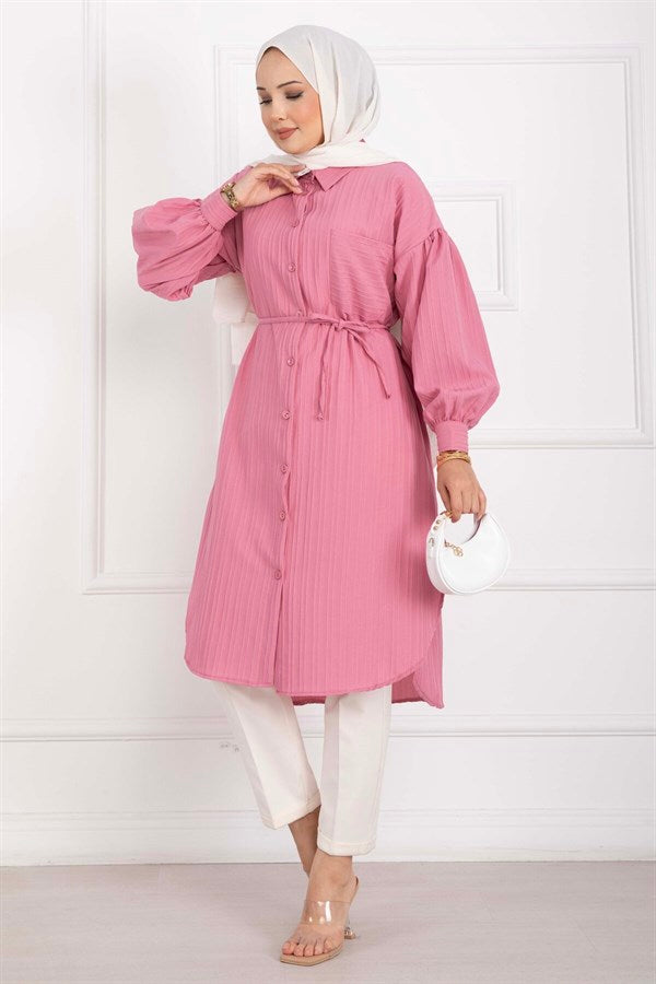 Pocket Detail Lace-Up Long Shirt Tunic Pink