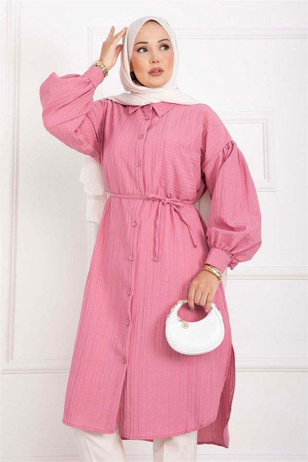 Pocket Detail Lace-Up Long Shirt Tunic Pink