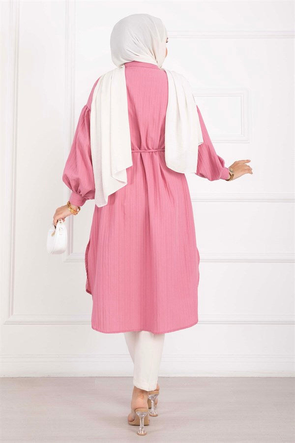 Pocket Detail Lace-Up Long Shirt Tunic Pink