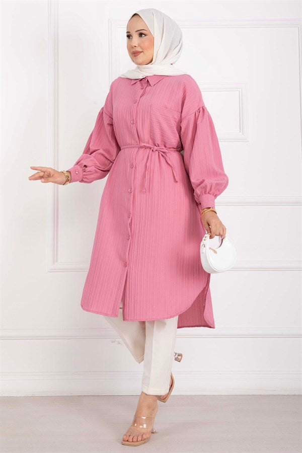 Pocket Detail Lace-Up Long Shirt Tunic Pink
