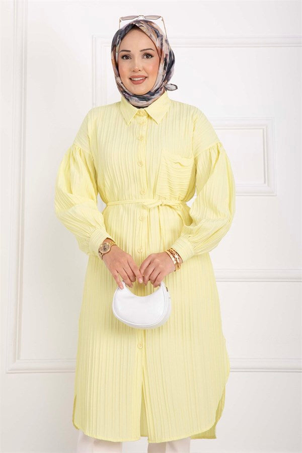 Pocket Detail Lace-Up Long Shirt Tunic Yellow