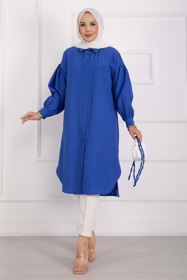 Pocket Detail Lace-Up Long Shirt Tunic Navy Blue