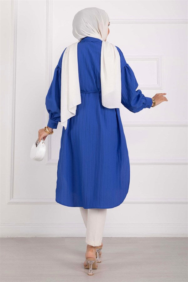 Pocket Detail Lace-Up Long Shirt Tunic Navy Blue