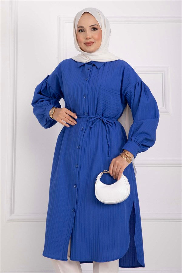 Pocket Detail Lace-Up Long Shirt Tunic Navy Blue