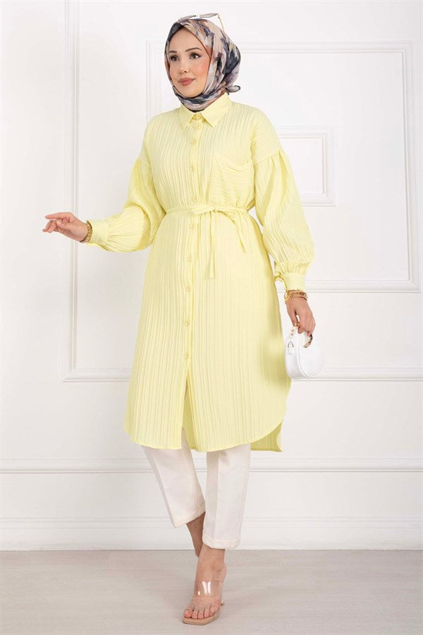 Pocket Detail Lace-Up Long Shirt Tunic Yellow