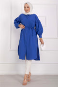 Pocket Detail Lace-Up Long Shirt Tunic Navy Blue