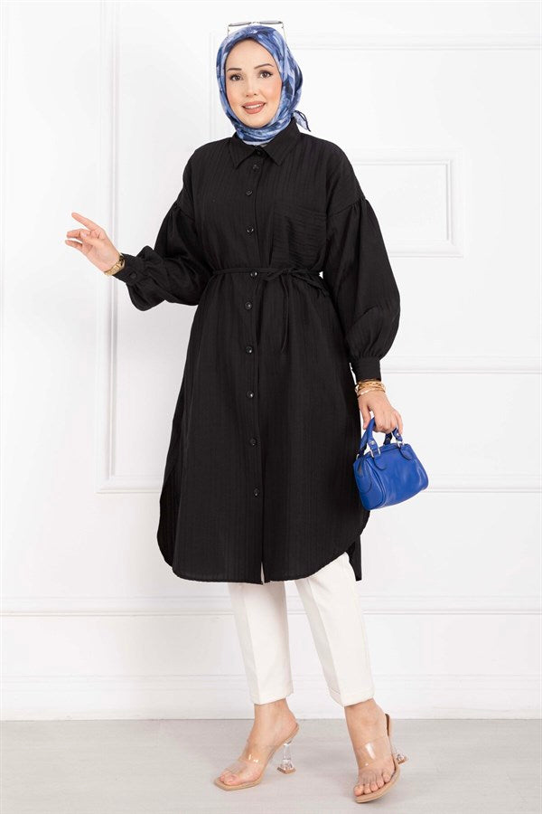 Pocket Detail Lace-Up Long Shirt Tunic Black