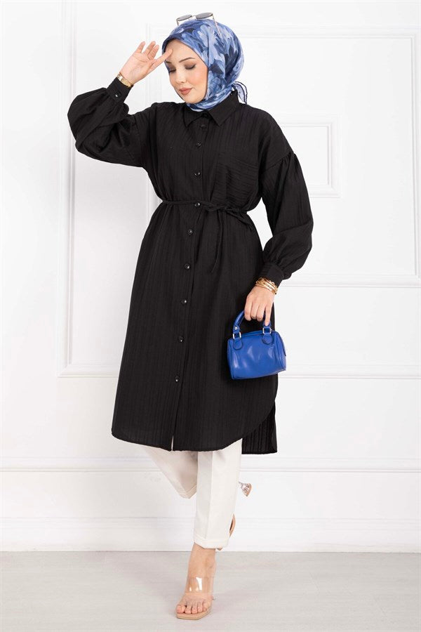 Pocket Detail Lace-Up Long Shirt Tunic Black