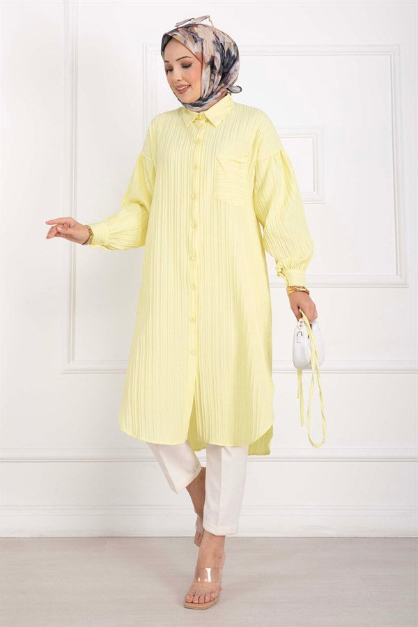 Pocket Detail Lace-Up Long Shirt Tunic Yellow