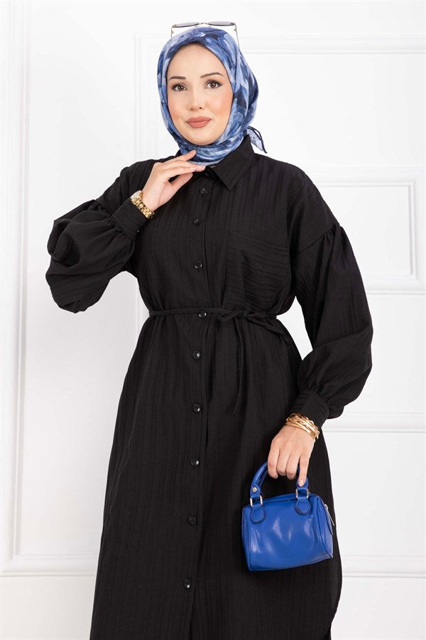 Pocket Detail Lace-Up Long Shirt Tunic Black