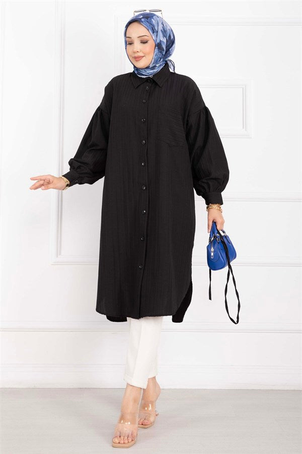 Pocket Detail Lace-Up Long Shirt Tunic Black