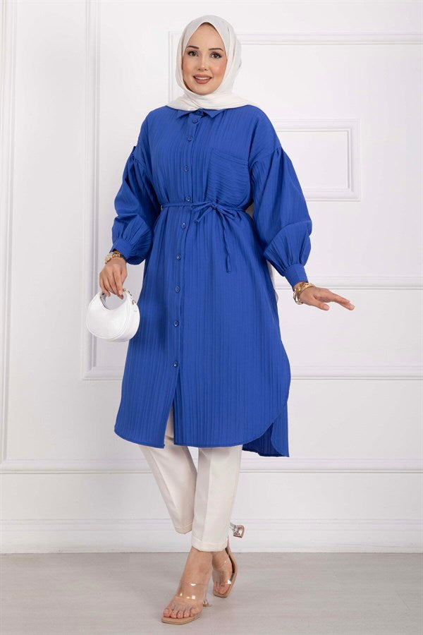Pocket Detail Lace-Up Long Shirt Tunic Navy Blue