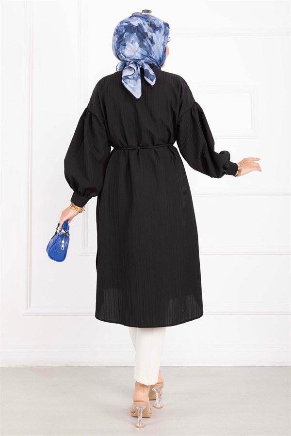Pocket Detail Lace-Up Long Shirt Tunic Black