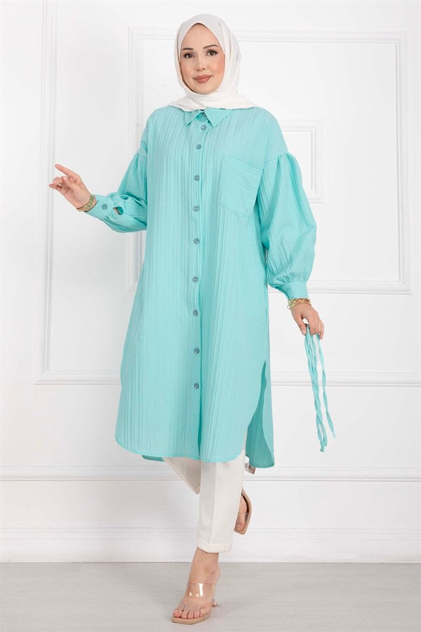 Pocket Detail Lace-Up Long Shirt Tunic Turquoise
