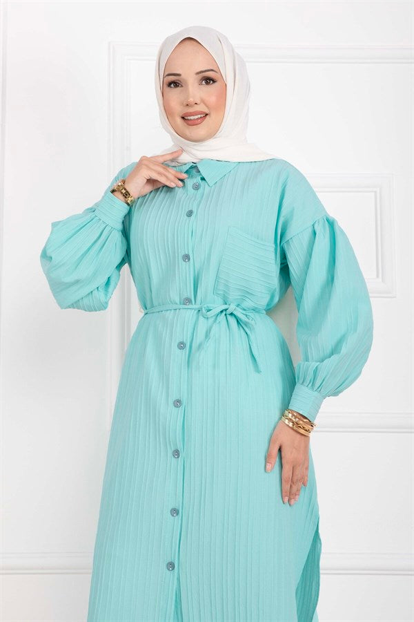 Pocket Detail Lace-Up Long Shirt Tunic Turquoise