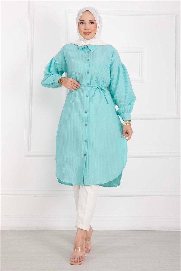 Pocket Detail Lace-Up Long Shirt Tunic Turquoise