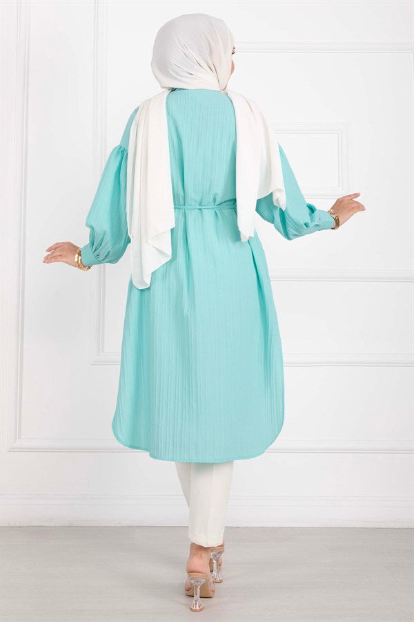 Pocket Detail Lace-Up Long Shirt Tunic Turquoise