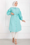 Pocket Detail Lace-Up Long Shirt Tunic Turquoise