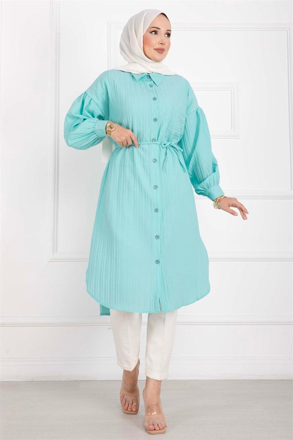 Pocket Detail Lace-Up Long Shirt Tunic Turquoise
