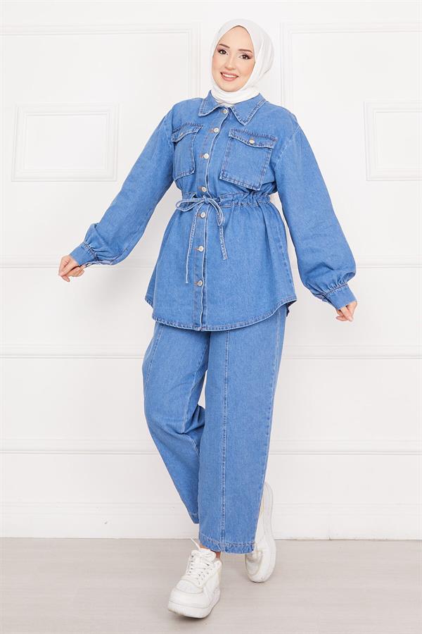 Pocket Detailed Waist Laced Hijab Denim 2 Piece Set Blue
