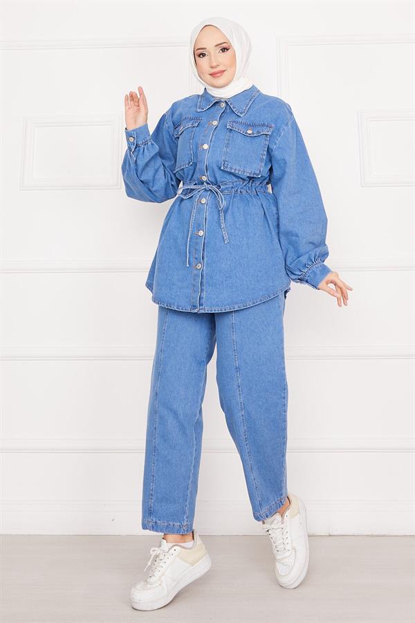 Pocket Detailed Waist Laced Hijab Denim 2 Piece Set Blue
