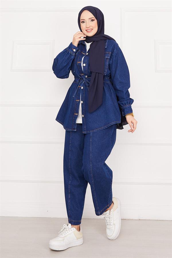 Pocket Detailed Waist Tie-Down Hijab Denim 2 Piece Set Dark Blue