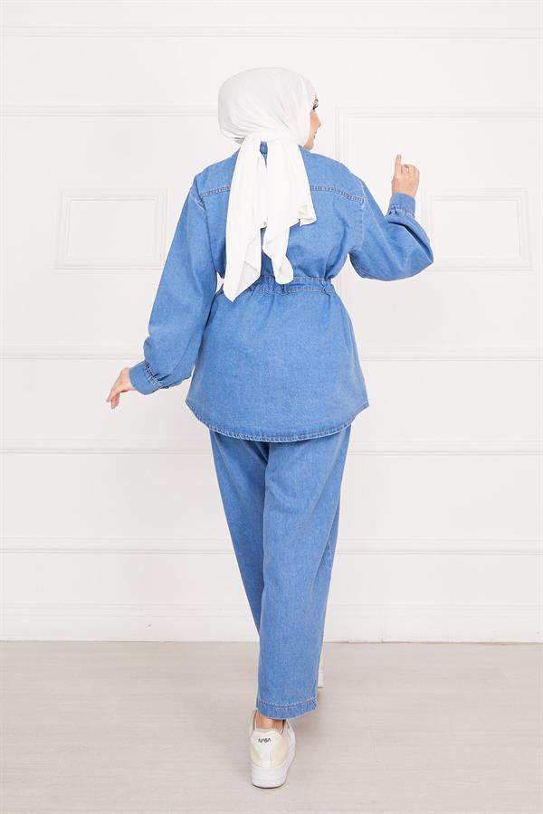 Pocket Detailed Waist Laced Hijab Denim 2 Piece Set Blue