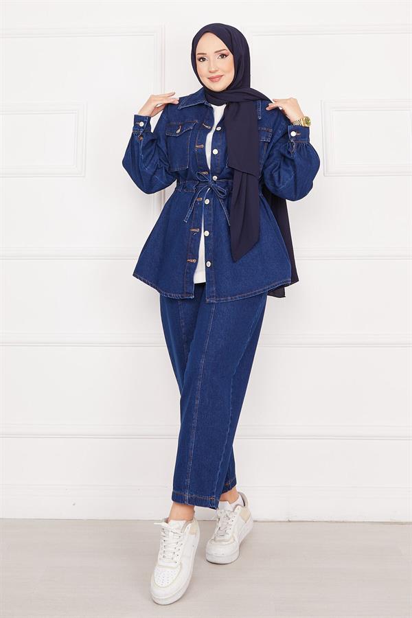 Pocket Detailed Waist Tie-Down Hijab Denim 2 Piece Set Dark Blue