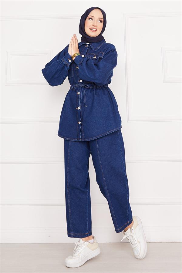 Pocket Detailed Waist Tie-Down Hijab Denim 2 Piece Set Dark Blue