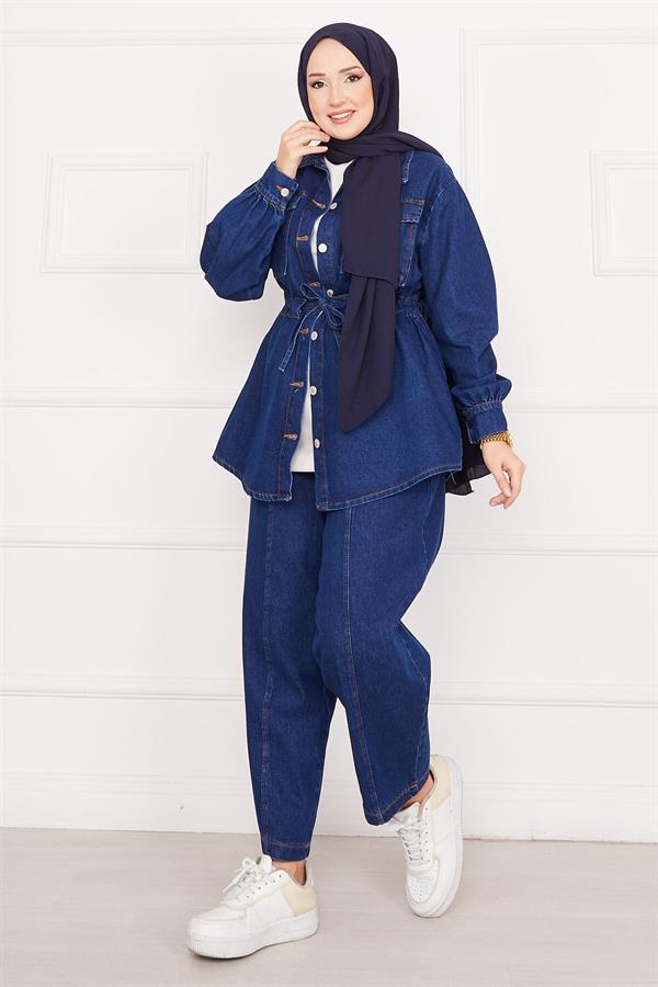 Pocket Detailed Waist Laced Hijab Denim 2 Piece Set Navy Blue