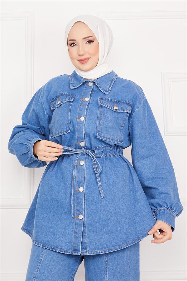 Pocket Detailed Waist Laced Hijab Denim 2 Piece Set Blue