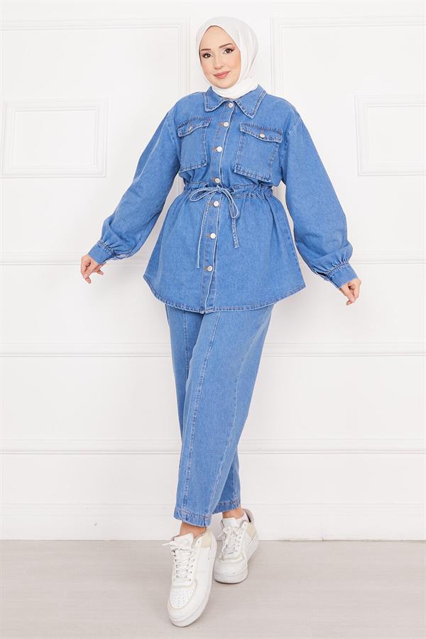 Pocket Detailed Waist Laced Hijab Denim 2 Piece Set Blue