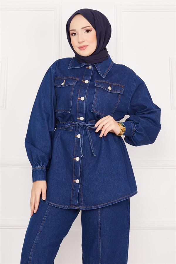 Pocket Detailed Waist Tie-Down Hijab Denim 2 Piece Set Dark Blue