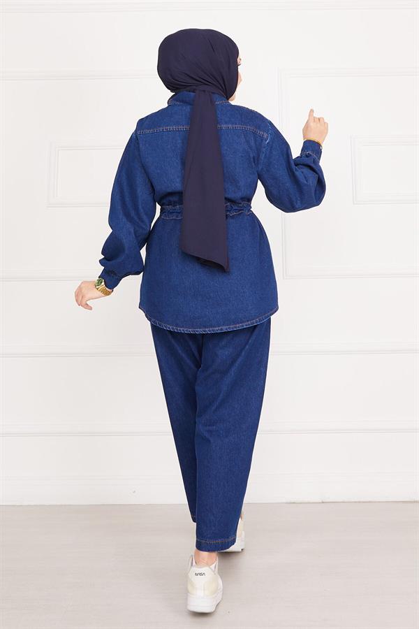 Pocket Detailed Waist Tie-Down Hijab Denim 2 Piece Set Dark Blue