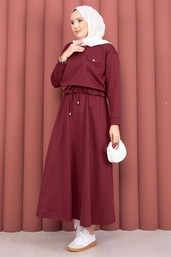 Pocket Detail Crop Top & Skirt 2 Piece Set in Burgundy