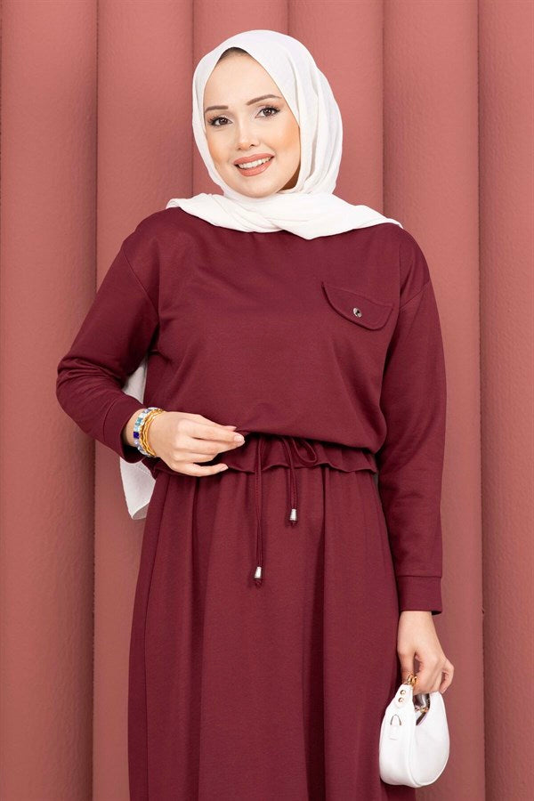 Pocket Detail Crop Top & Skirt 2 Piece Set in Burgundy
