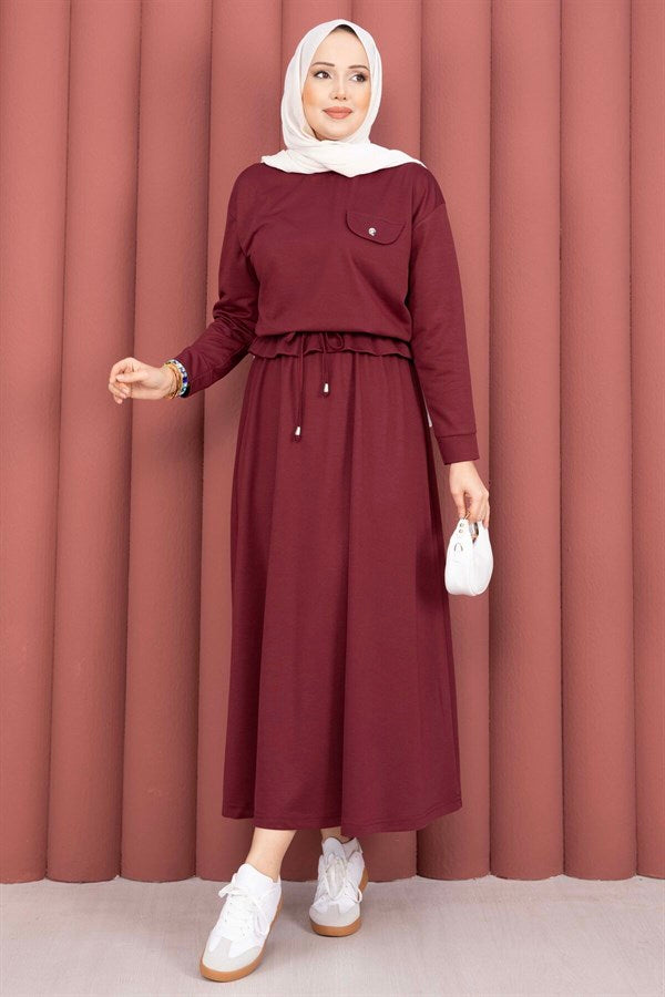 Pocket Detail Crop Top & Skirt 2 Piece Set in Burgundy
