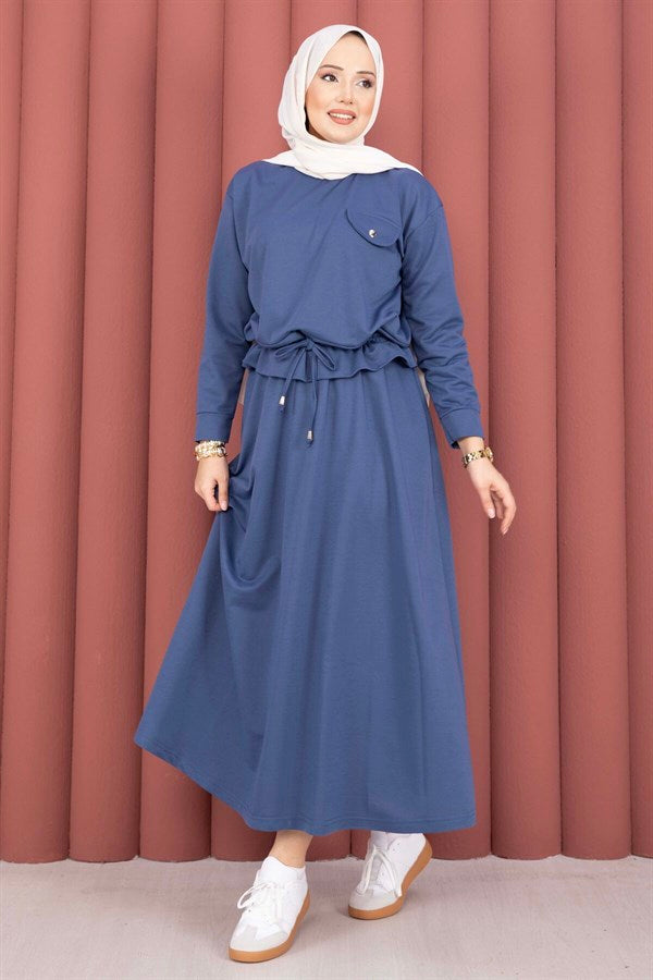 Pocket Detail Crop Top & Skirt 2 Piece Set Indigo