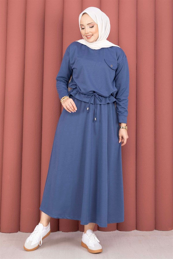 Pocket Detail Crop Top & Skirt 2 Piece Set Indigo