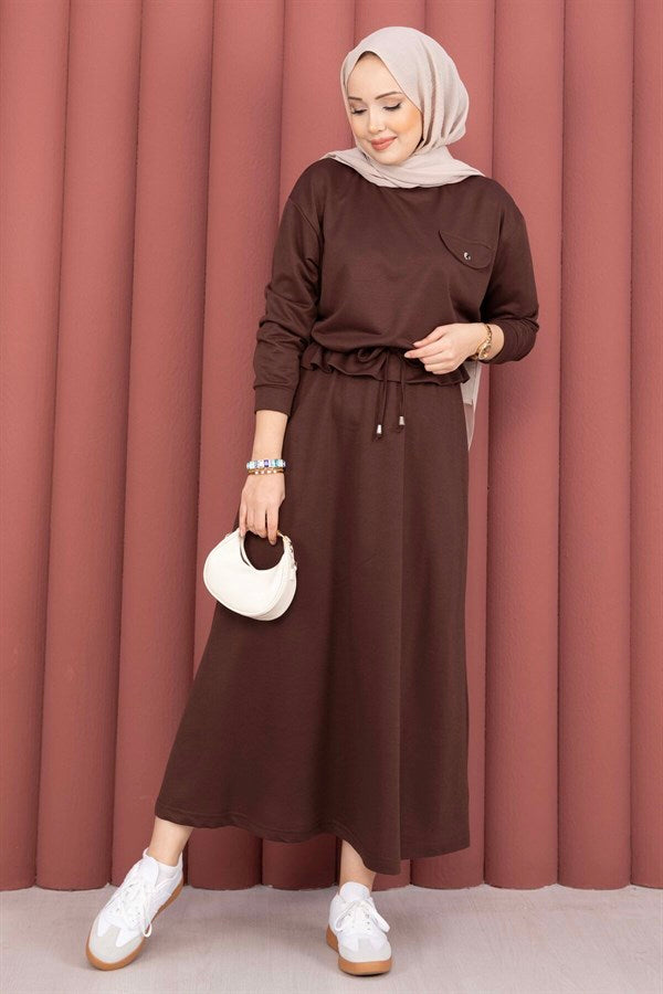 Pocket Detail Crop Top & Skirt 2 Piece Set in Coffee Brown