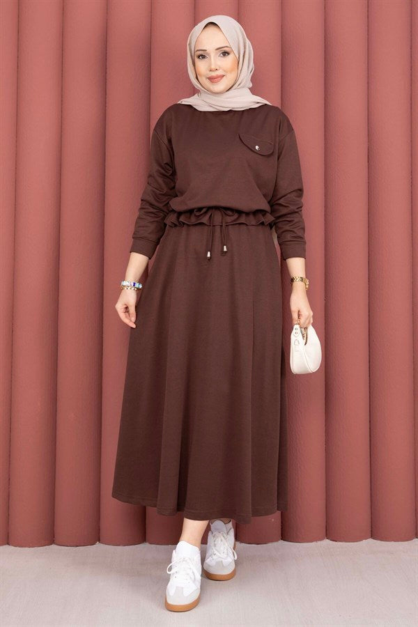 Pocket Detail Crop Top & Skirt 2 Piece Set in Coffee Brown