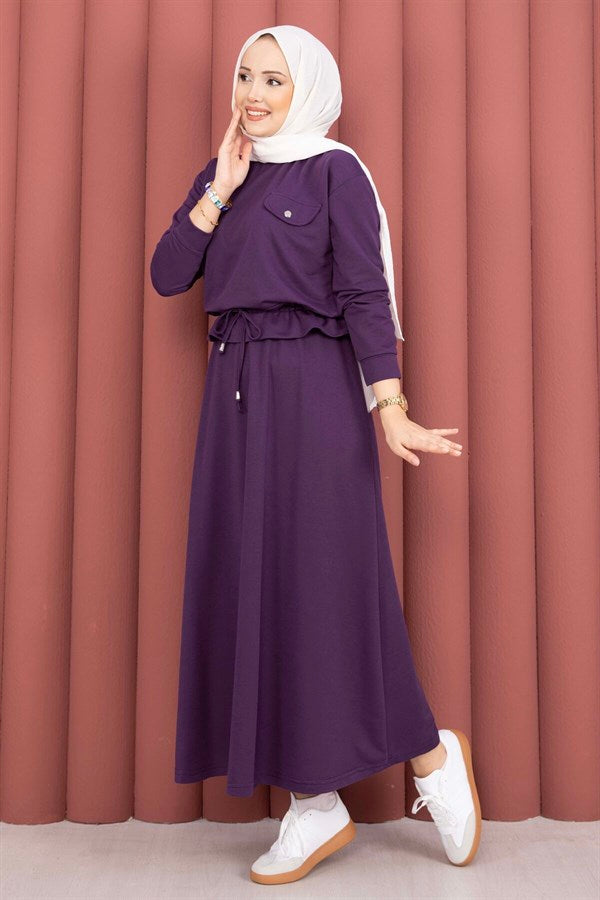 Pocket Detail Crop Top & Skirt 2 Piece Set, Plum