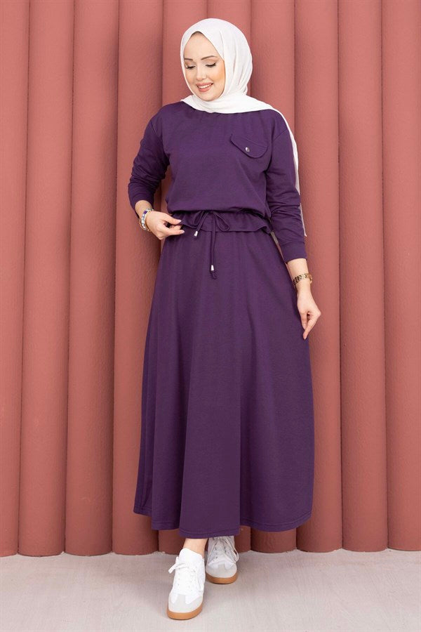 Pocket Detail Crop Top & Skirt 2 Piece Set, Plum