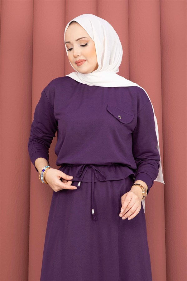 Pocket Detail Crop Top & Skirt 2 Piece Set, Plum