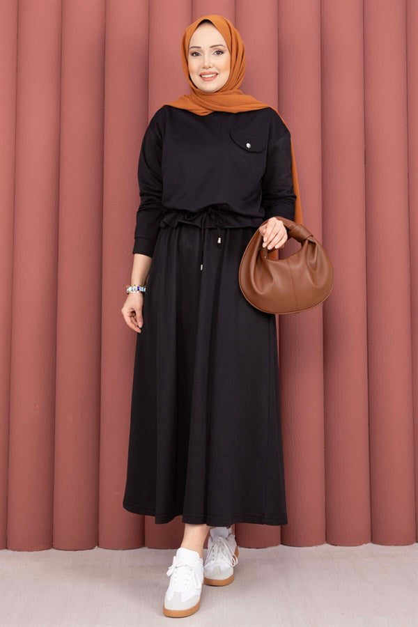 Pocket Detail Crop Top & Skirt 2 Piece Set, Black