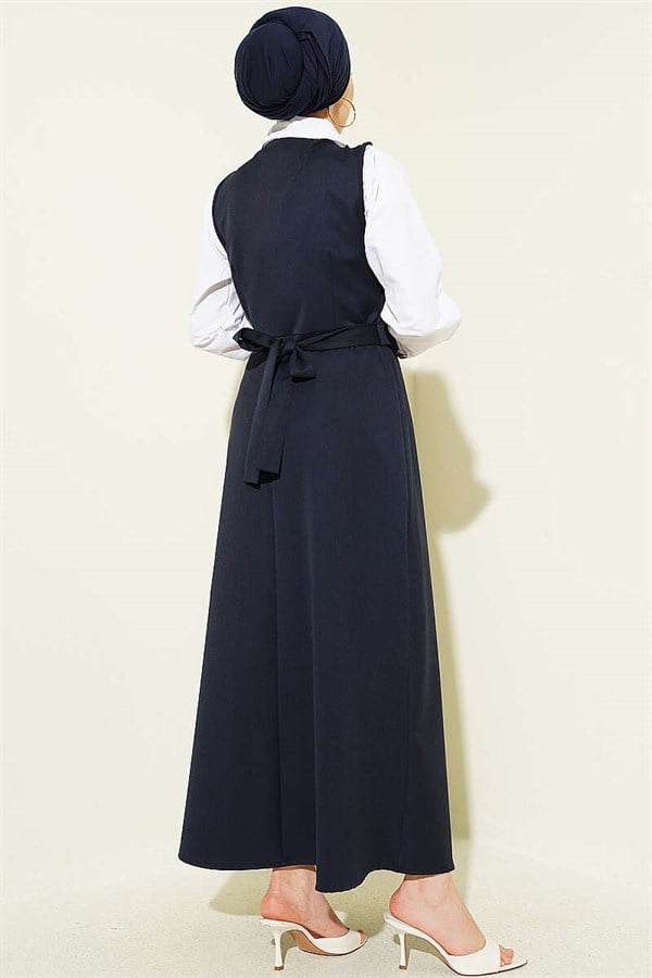 Navy Blue Sleeveless Dress with Pocket Details