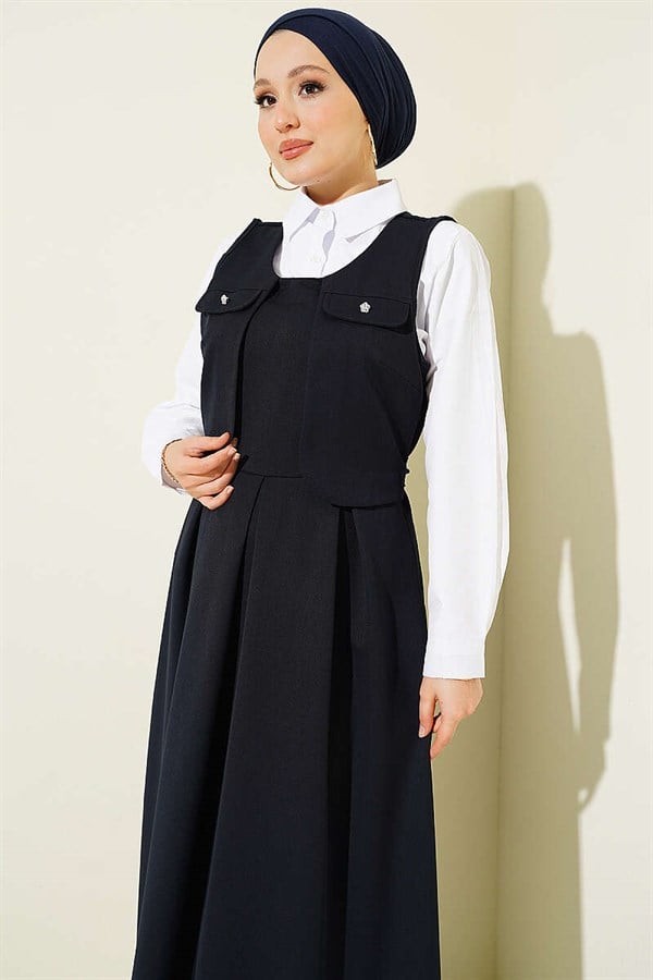 Navy Blue Sleeveless Dress with Pocket Details