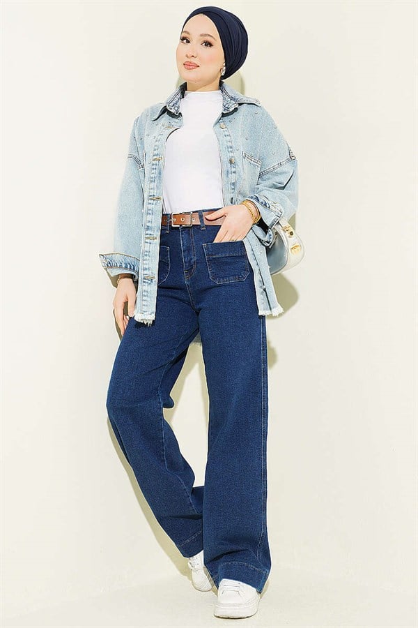 Dark Blue Belted Trousers with Pocket Details