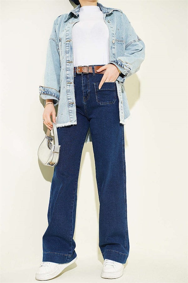 Dark Blue Belted Trousers with Pocket Details