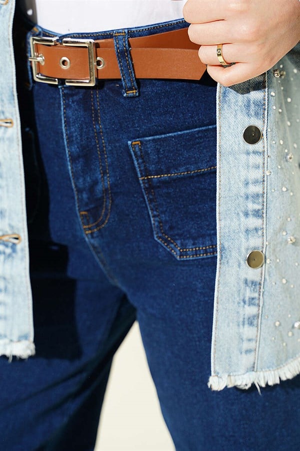 Dark Blue Belted Trousers with Pocket Details